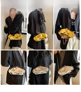 Model lifestyle shots of metallic fluid acrylic clutch bags in silver and gold with chain