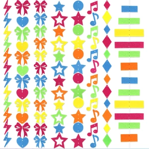 Neon felt party banner set with colorful shapes like stars and notes for birthday decor