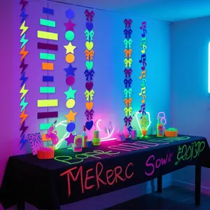 Vertical display of neon felt party banners with stars and musical notes for events