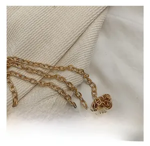 Detailed close-up of polished gold metal chain strap on an acrylic evening handbag
