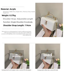 White acrylic box bag with gold handle and chain dimensions 16x10x10cm detail view