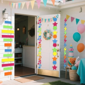 Detail of neon felt party banners with colorful stars and notes for birthday decoration