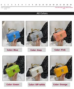 Detail of acrylic evening clutch bags with leopard metal handles in six assorted colors