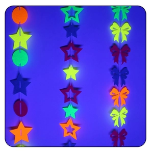 Detail of colorful fluorescent paper garlands with star and circle shapes for glow parties