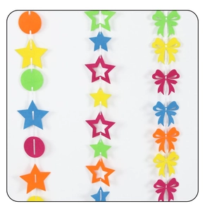 Detailed view of colorful neon felt party garlands with star and butterfly shapes