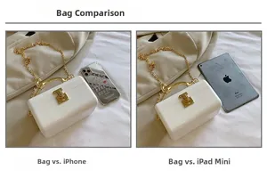 White acrylic box bag size comparison with iPhone and iPad mini for scale reference