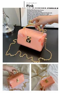 Detail of pink marble acrylic evening bag with gold horse handle and chain strap