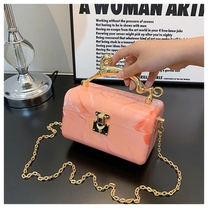 Detail of candy-colored acrylic clutch bag with golden leopard handle and metal chain