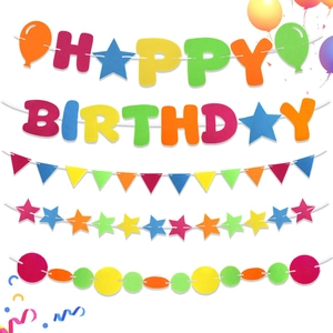 Dettaglio del set di ghirlande colorate Happy Birthday con stelle, triangoli e cerchi