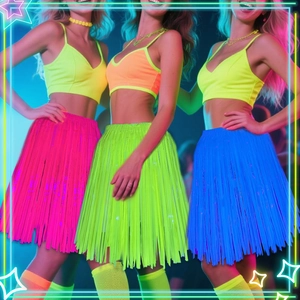 Close-up of vibrant neon tassel skirts and socks set for fluorescent party costumes