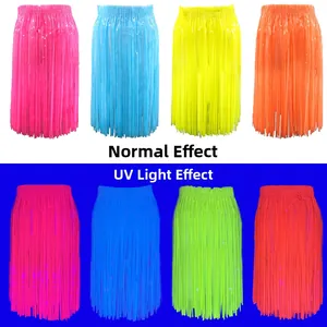 Neon hula skirt for parties showing fluorescent effect under UV blacklight versus daylight