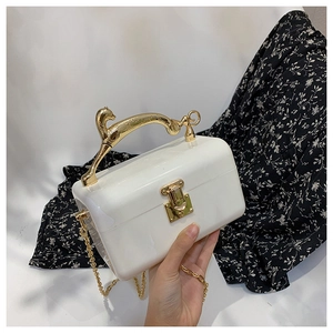Detail view of the white acrylic box bag featuring a golden cheetah-shaped metal handle