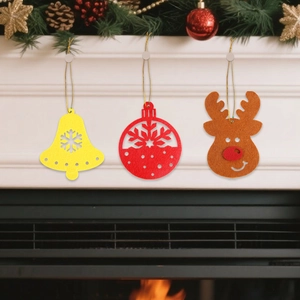 Three felt Christmas pendants including a yellow bell, red bauble, and brown reindeer