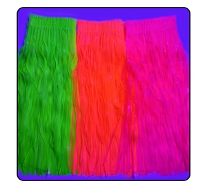 Three neon colored fluorescent tassel skirts in green, orange and pink for party costumes