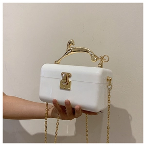 Detail of white acrylic box bag with golden leopard handle and metal chain strap