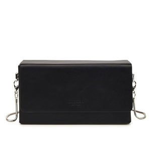 Minimalist black leather crossbody bag with silver chain and embossed branding text