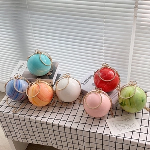 Women Fashion Sphere Evening Bag Marble Pattern Acrylic Rhinestone Metal Ring Handle Crossbody Clutch With Chain Strap