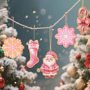 Close-up of pink Christmas wooden pendants featuring snowflakes and stockings on a rope
