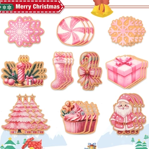 Pink Christmas wood pendants featuring snowflakes, candy, and stockings for tree decoration