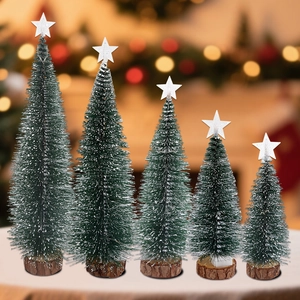 Set of five mini snow-tipped cedar trees with wooden bases and white star toppers