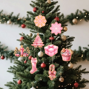 Pink Santa candy wooden Christmas tree ornaments featuring 8 festive holiday shapes