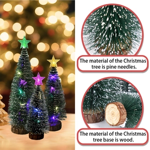 Detailed close-up of mini Christmas tree featuring LED lights and natural wooden base