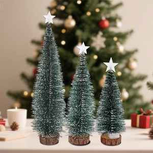 Three-piece set of mini flocked Christmas trees with wooden bases and glittery stars