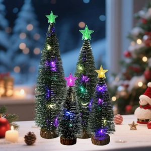 Detailed view of four mini LED pine trees with colorful lights on wooden bases
