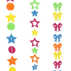 Colorful felt party garland with circles stars and bows for festive wall decoration