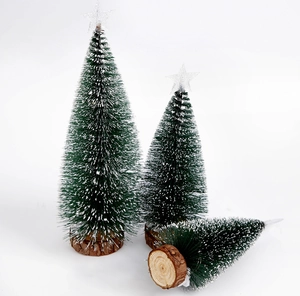 Three-piece frosted mini Christmas trees with snowy needles and wooden bases