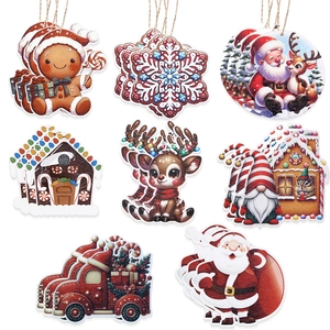 Detail of 3D printed wooden Christmas ornaments with festive designs and jute twine