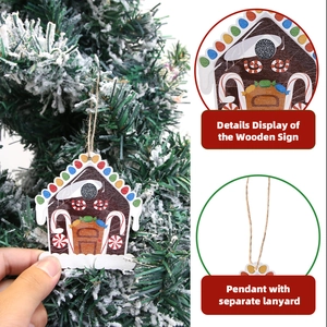 Detail showing gingerbread house wooden sign with vibrant printing and natural lanyard