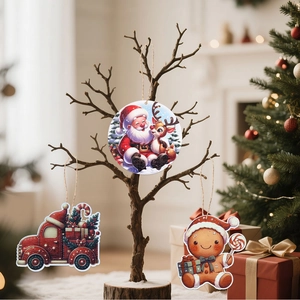 Three Christmas wooden hanging ornaments featuring Santa, red truck, and gingerbread man