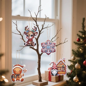 Detail of wooden Christmas ornaments featuring reindeer and snowflake hanging on a tree