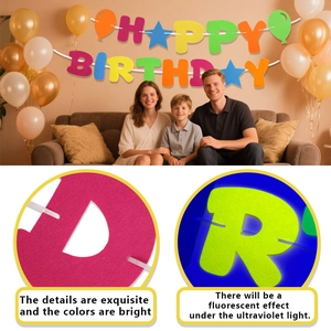 Striscione Neon Happy Birthday con lettere in feltro colorate per decorazioni party