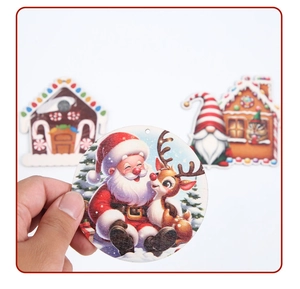 Detail of 3D printed wooden Christmas ornament featuring Santa Claus and reindeer graphics
