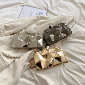 Elegant geometric faceted acrylic evening clutch bag with metallic chain strap in three colors