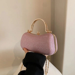 Pink sequined evening box bag with gold metal handle and crystal clasp for women