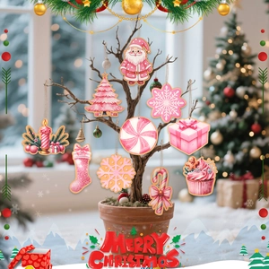 Pink wooden Christmas tree ornaments set including snowflake candy and Santa shapes