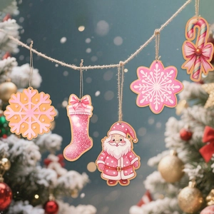 Rosa-weiße Weihnachtsanhänger aus Holz mit Schneeflocken und Weihnachtsmann an einem Seil
