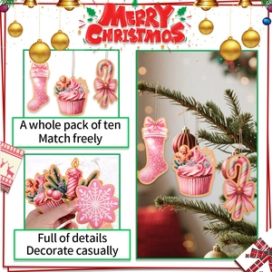 Pink Santa candy wooden hanging ornaments for Christmas tree decoration set of 10