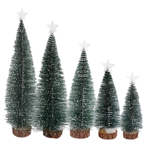 Set of 5 mini Christmas trees with white snow tips, silver stars and wood bases