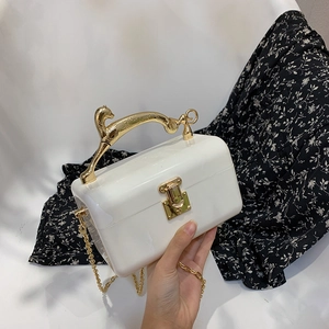Elegant white acrylic clutch box bag with a golden leopard handle and metal chain