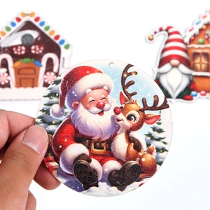 3D printed wooden Christmas ornament featuring Santa Claus and reindeer for party decor