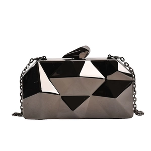 Chic black metallic geometric clutch bag with polygon facets and chain strap