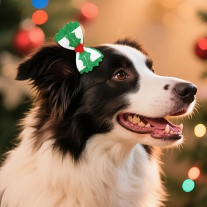 Nœud papillon de Noël pour animaux avec motif houx et paillettes rouges sur un chien