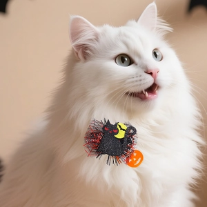 Fermaglio per gatti di Halloween con gatto glitterato e zucca su gattino bianco
