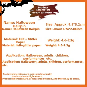 Detailed size chart and felt glitter material specifications for Halloween pet hairpins