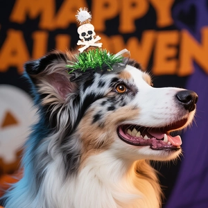 Cappello dorato per animali per Halloween con teschio indossato da un cane pastore