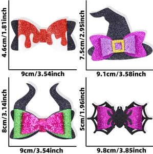 Detailed size specifications for Halloween glitter pet hair clips in four spooky styles